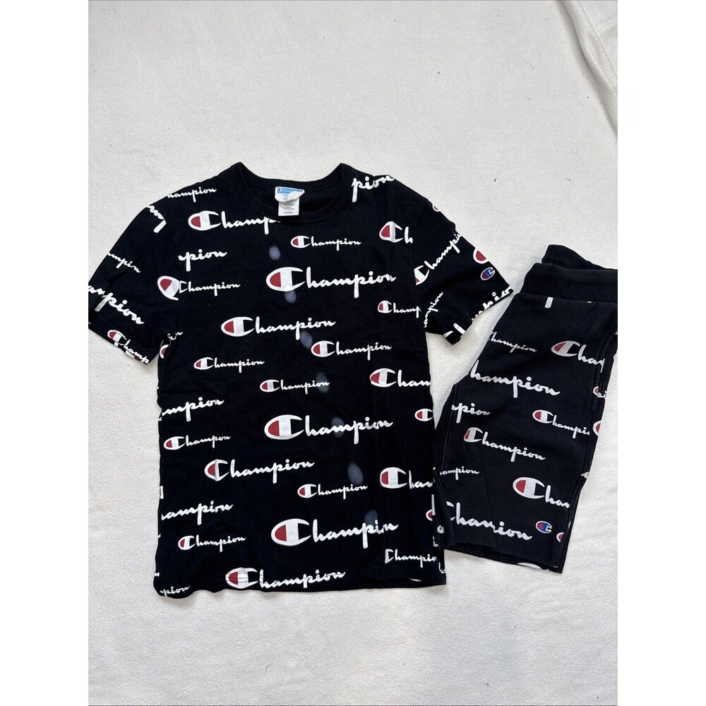 Champion All Over Logo Short Set T Shirt And Shorts Men’s Sz S+XS
